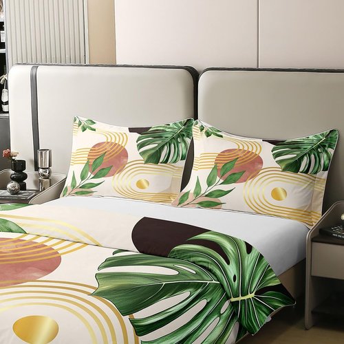 Erosebridal Palm Leaves 100% Natural Cotton Duvet Cover King Size Tropical Botanical Plants Comforter Cover for Kids Teens Golden Geometric Stripes Bedding Set Decor Nature Summer Theme Bed Set Decor