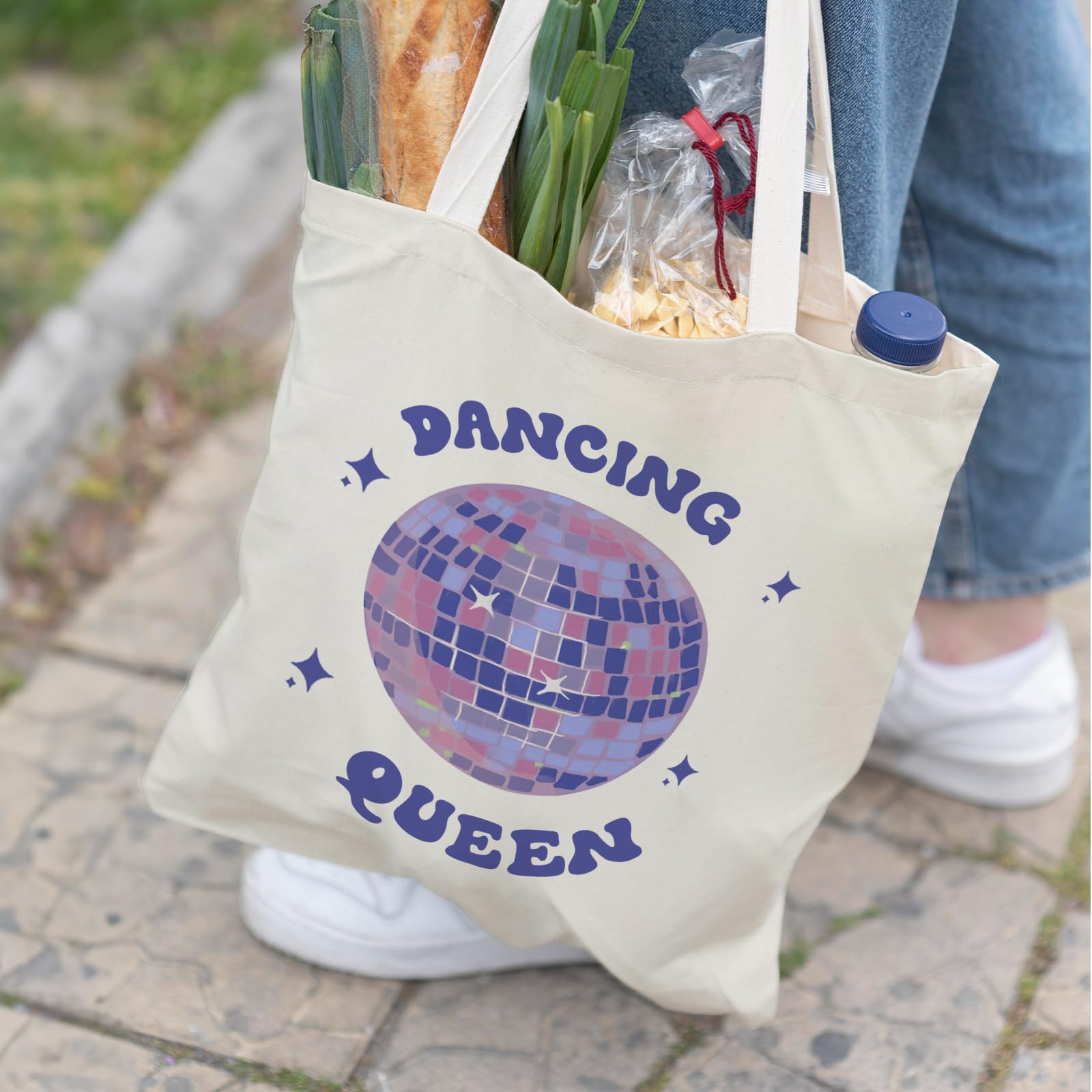 Veqzc Dancing Queen Tote Bag - Purple Disco Ball Canvas Tote for Women, Dance Teacher & Lover Gifts, Reusable Shopping Bags