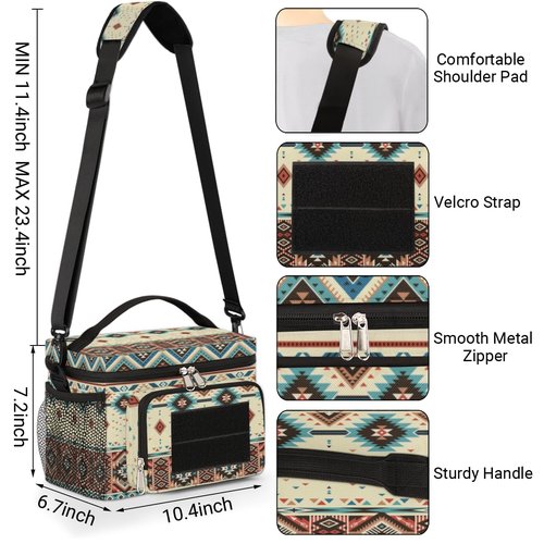 Boho Aztec Insulated Lunch Bag for Men Women Adult, Southwestern Native American Tactical Lunch Box with Adjustable Shoulder Strap, Leakproof Lunch Cooler Tote Bag for Work Office Travel Camping