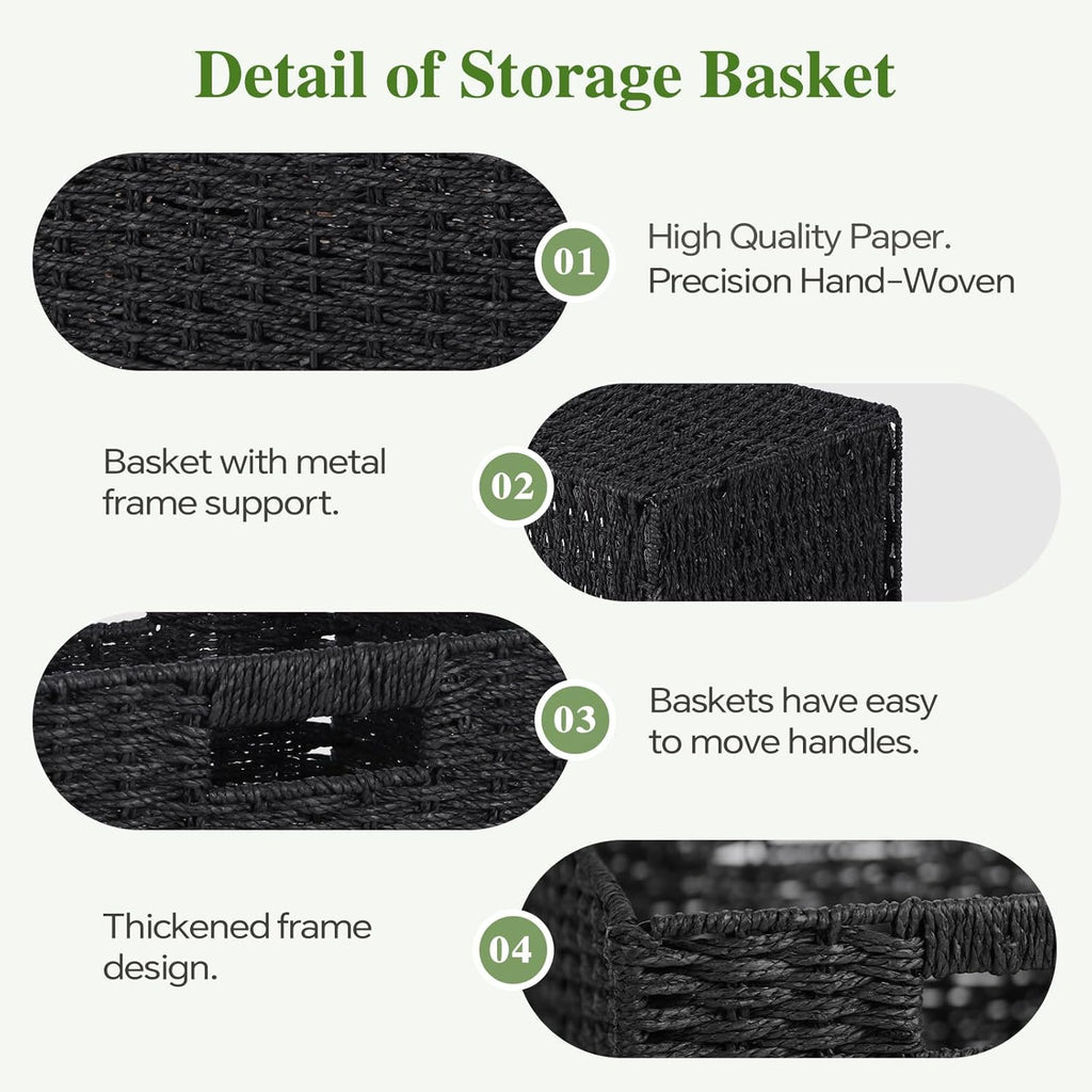 Skiennix Woven Wicker Storage Baskets - 2-Pack Handwoven Paper Rope Organizers | 11x11 Foldable Bins in Classic Black