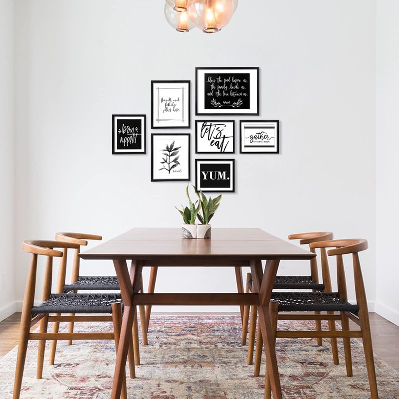 ArtbyHannah Gallery Wall Frame Set, 7 Piece Black Picture Frame Set for Kitchen Dining Room Wall Decor with Inspirational Quotes, Multi Size Gather Sign Prints Pictures Collage