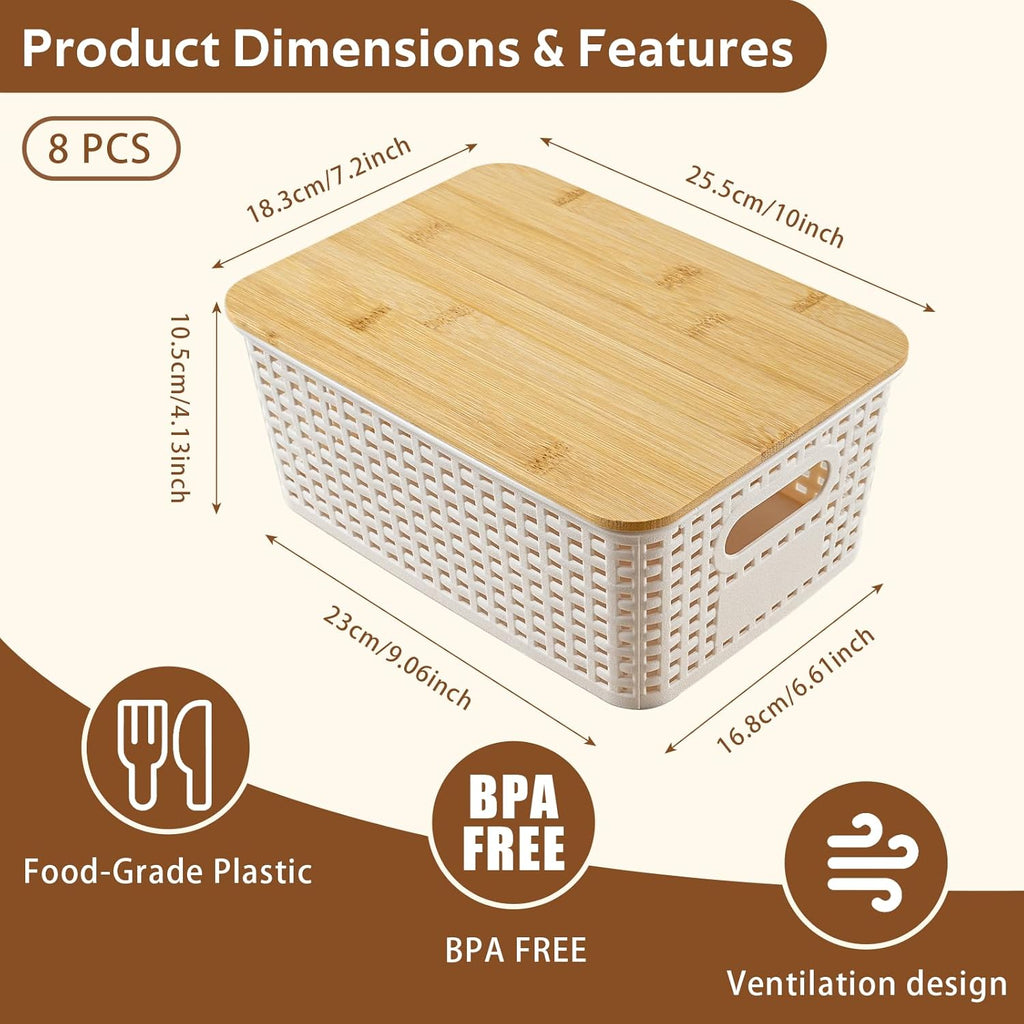 Skiennix 8-Pack Plastic Storage Bins - Stackable Baskets with Bamboo Lids for Pantry Organization