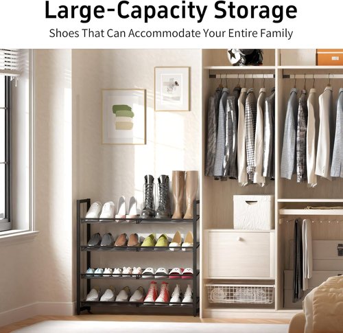 Metal Shoe Rack - 4-Tier Adjustable Organizer for Closet & Entryway | Holds Up to 20 Pairs - Black
