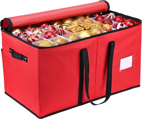 Mrrihand Christmas Ornament Storage Box - Organize 128 Holiday Ornaments | Adjustable Dividers, Dual Zipper, 600D Material (Red)