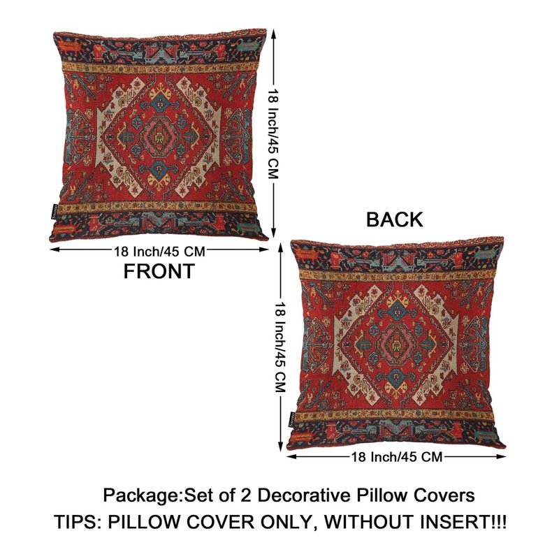 Swono Pillow Covers 18X18 Inch Set of 2 Turkish Carpet, Throw Pillow Cases Boho Tribal Geometric Paisley Floral Pillowcase Cushion Cover Decorative for Outdoor Home Sofa Bedroom Livingroom, Red