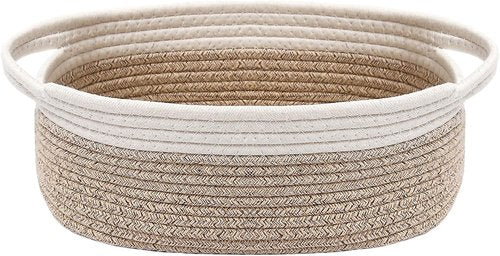 JMvicyroam Woven Storage Basket - Small Rope Organizer with Handles for Shelves & Closets | White & Oatmeal