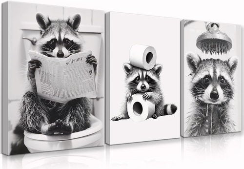 DCMVJHZV Funny Bathroom Wall Art - Cute Raccoon Canvas Decor | Black & White Farmhouse Prints (12"x16", Set of 3)