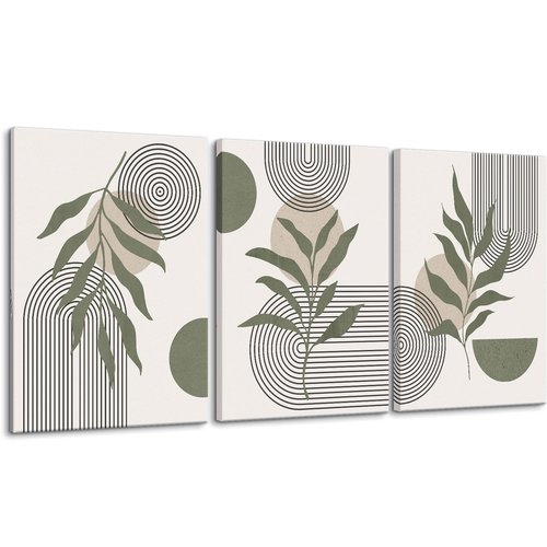Zessonic Sage Green Boho Wall Art Abstract Canvas, Large Bohemian Minimalist Leaf Geometric Sun Lines Mid Century Nordic Prints for Living Room, Hallway, Bedroom - Ready to Hang- Set of 3, 16x24 Inches