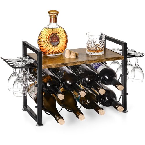 Vilaxing Countertop Wine Rack with Glass Holder and Wooden Tray, Holds 8 Bottles and 12 Glasses, Liquor Storage Stand Metal Frame for Home Decor Kitchen