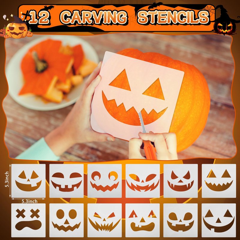 Ripeng 54 Pcs 6 Set Halloween Pumpkin Carving Kit Professional Heavy Duty Carving Tools Set Included Stainless Steel Pumpkin Tools with Storage Bag Bucket Stencils for Party Halloween Decor