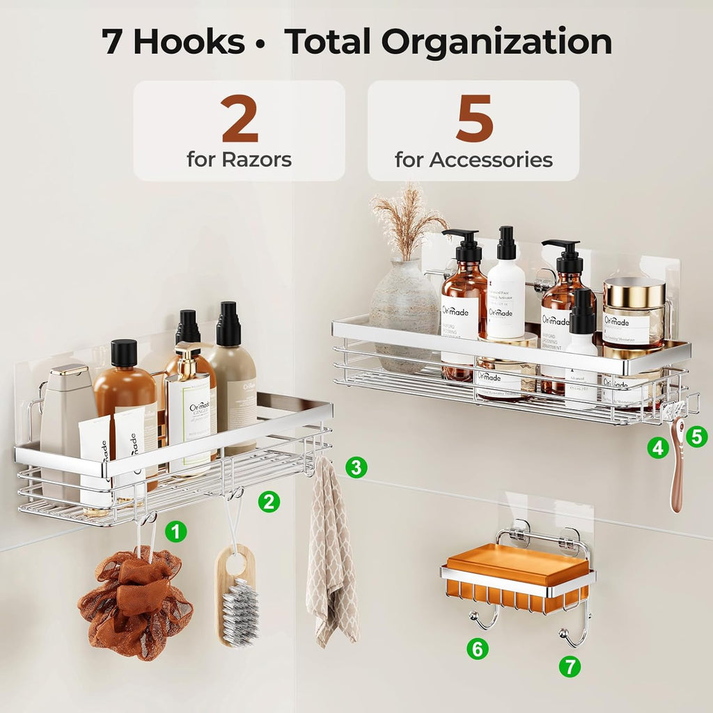 Orimade Shower Caddy - Wall-Mounted Soap Dish Holder with 5 Hooks | Stainless Steel, 3 Pack, Silver