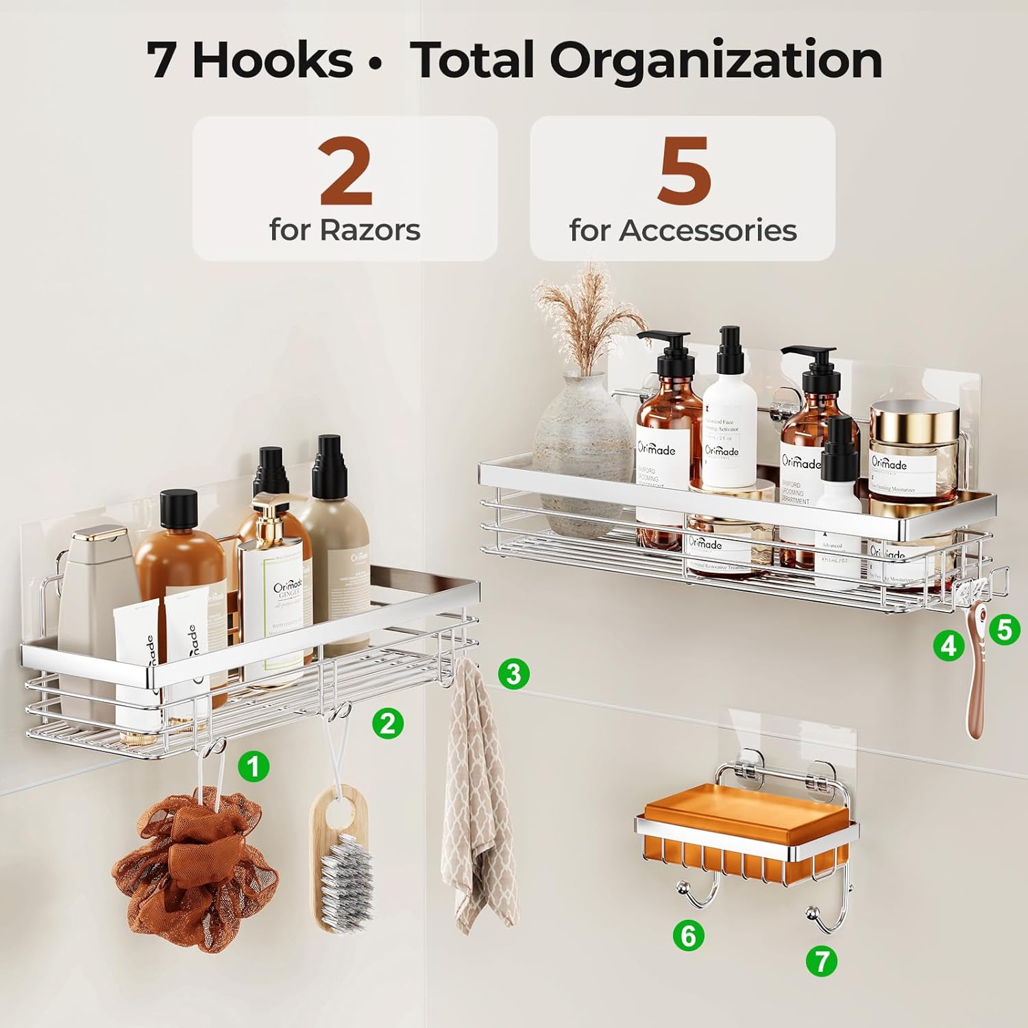Orimade Shower Caddy - Wall-Mounted Soap Dish Holder with 5 Hooks | Stainless Steel, 3 Pack, Silver