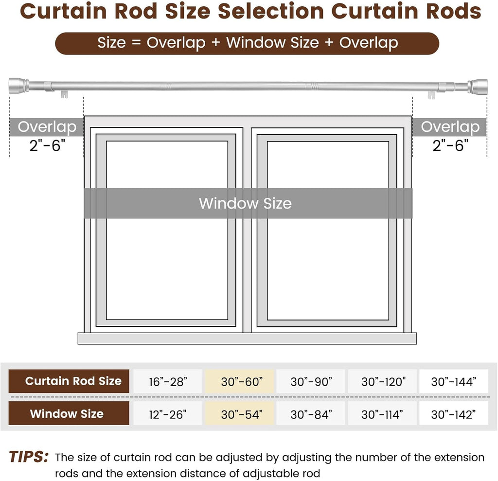 Skiennix 1” Diameter Silver Curtain Rod - Heavy Duty Adjustable Telescopic Design | Fits 30-54 Inch Windows
