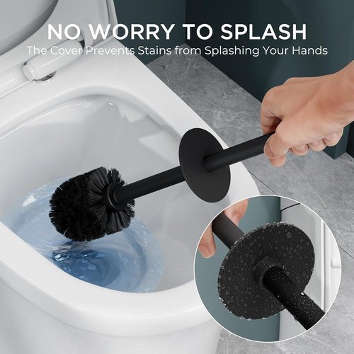 FORIOUS Toilet Brush Set - Heavy Duty 304 Stainless Steel Base with Long Handle & 2 Brush Heads | Black