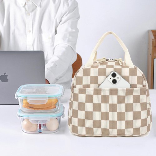 Dezcrab Corduroy Lunch Box for Women Girls, Cooler Lunch Bags Reusable Insulated Lunchbox for Picnic School Work Travel (Checkered Brown)