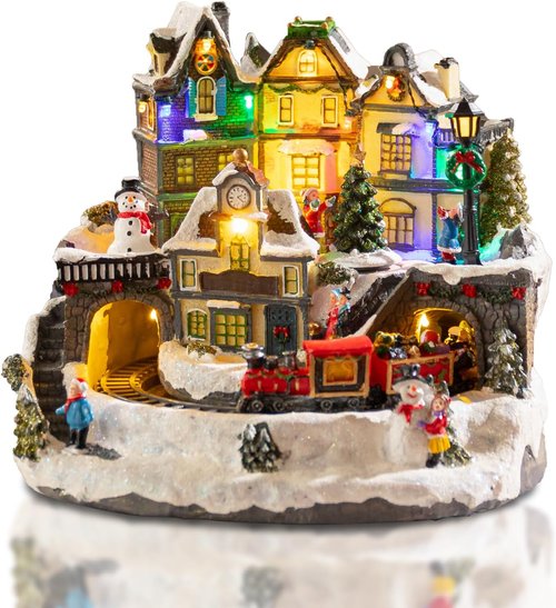 Christmas Village Houses - 10.6" Polyresin Decor with Moving Train, LED Lights & 8 Songs