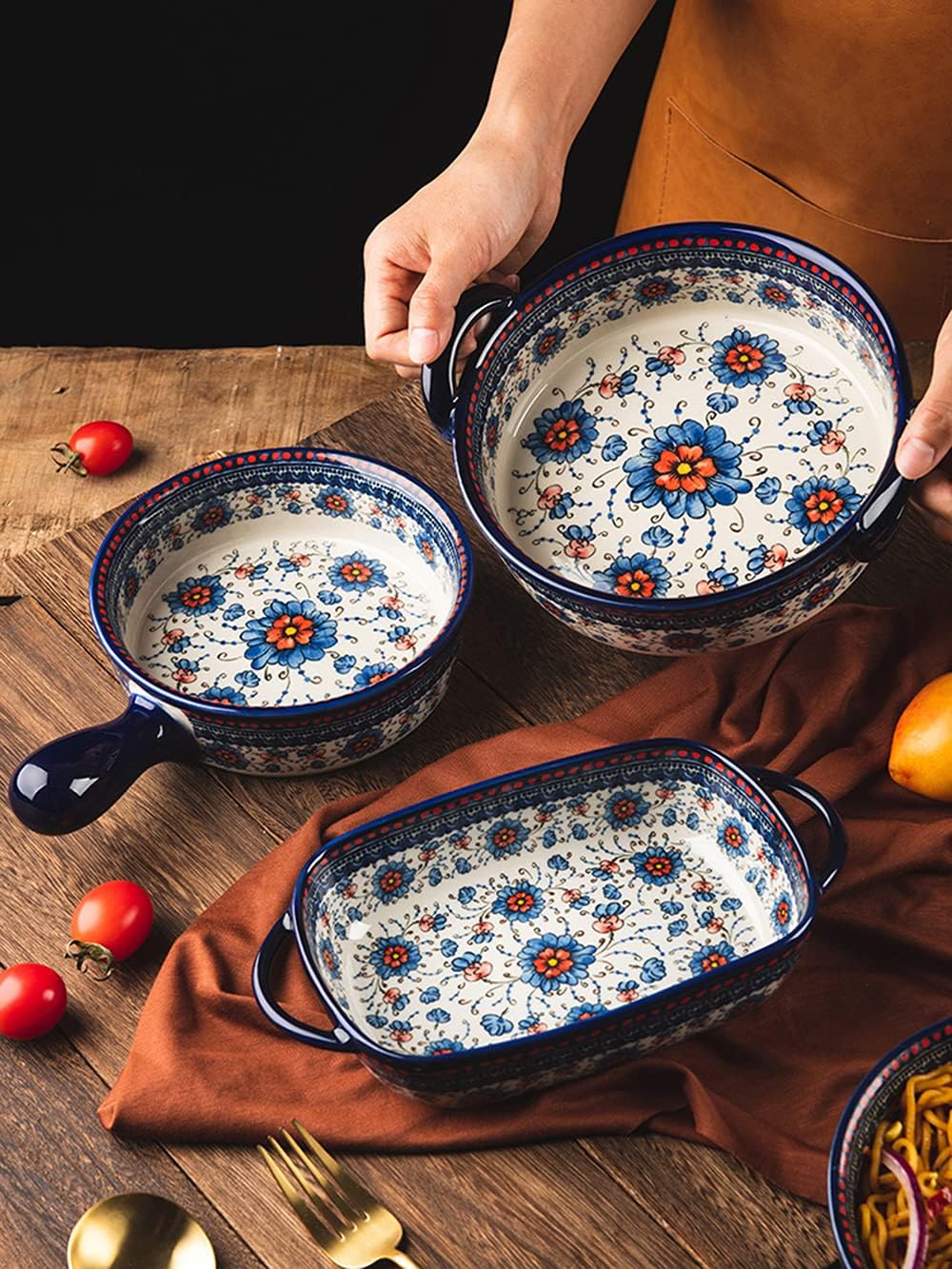 Skiennix Vintage Ceramic Bakeware Casserole Dish - 22 Oz Flower Design with Handles for Oven Cooking