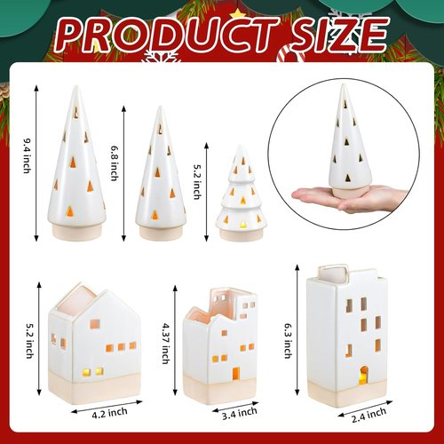Beeveer Christmas Ceramic Buildings Decoration Set - 6 Pcs Tealight Candle Holders | Winter Holiday Centerpiece (4.4" to 9.4")