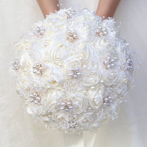Gkvszy Ivory Bridal Wedding Bouquet Handmade with Rhinestone Pearl Ribbon Satin Rose Flower Bouquet for Bride Bridesmaid Quinceanera Bouquet Wedding Ivory 8.7in
