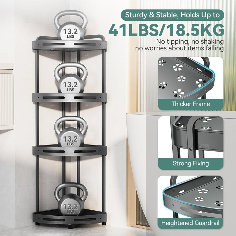 Binecer Corner Shower Caddy Stand, 4 Tier Standing Shower Organizer with Soap Holder, Rustproof Shower Shelves for Bathroom Shampoo Storage, Grey