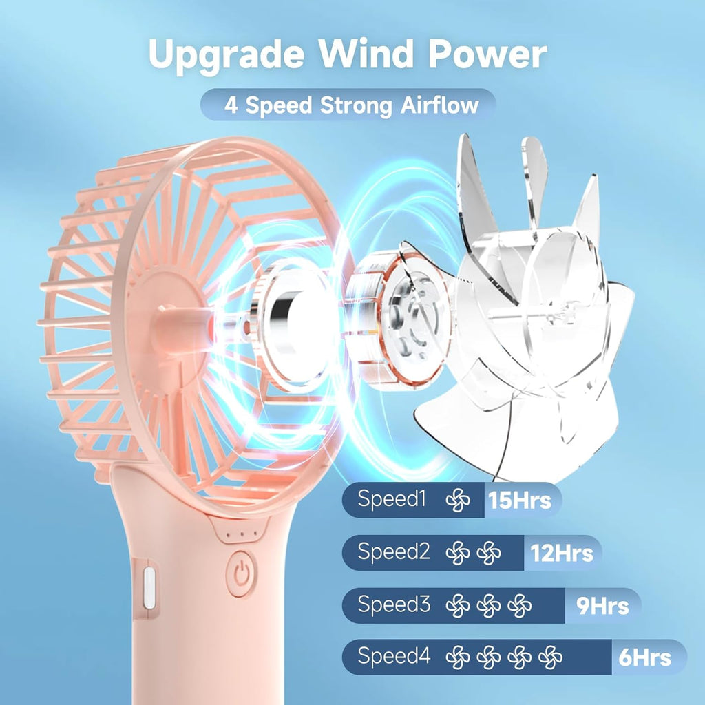 QQT Mini Handheld Fan - 4-Speed Portable USB Rechargeable Fan with Mirror | 20-Hour Battery Life (Pink)
