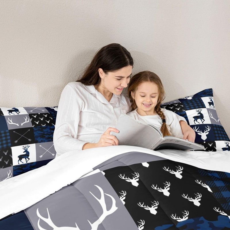 Manfei Camo Deer Antlers Comforter Set Full Size,Geometric Plaid Patchwork Bedding 3pcs for Kids Teens Girls Boys Room Xmas Cabin Quilt Set,Blue Grey Rustic Farmhouse Duvet Insert,2 Pillowcases