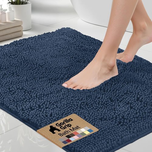 GORILLA GRIP Bath Rug Mat - Soft Absorbent Chenille | Quick Dry Microfiber, 60x17, Navy Blue