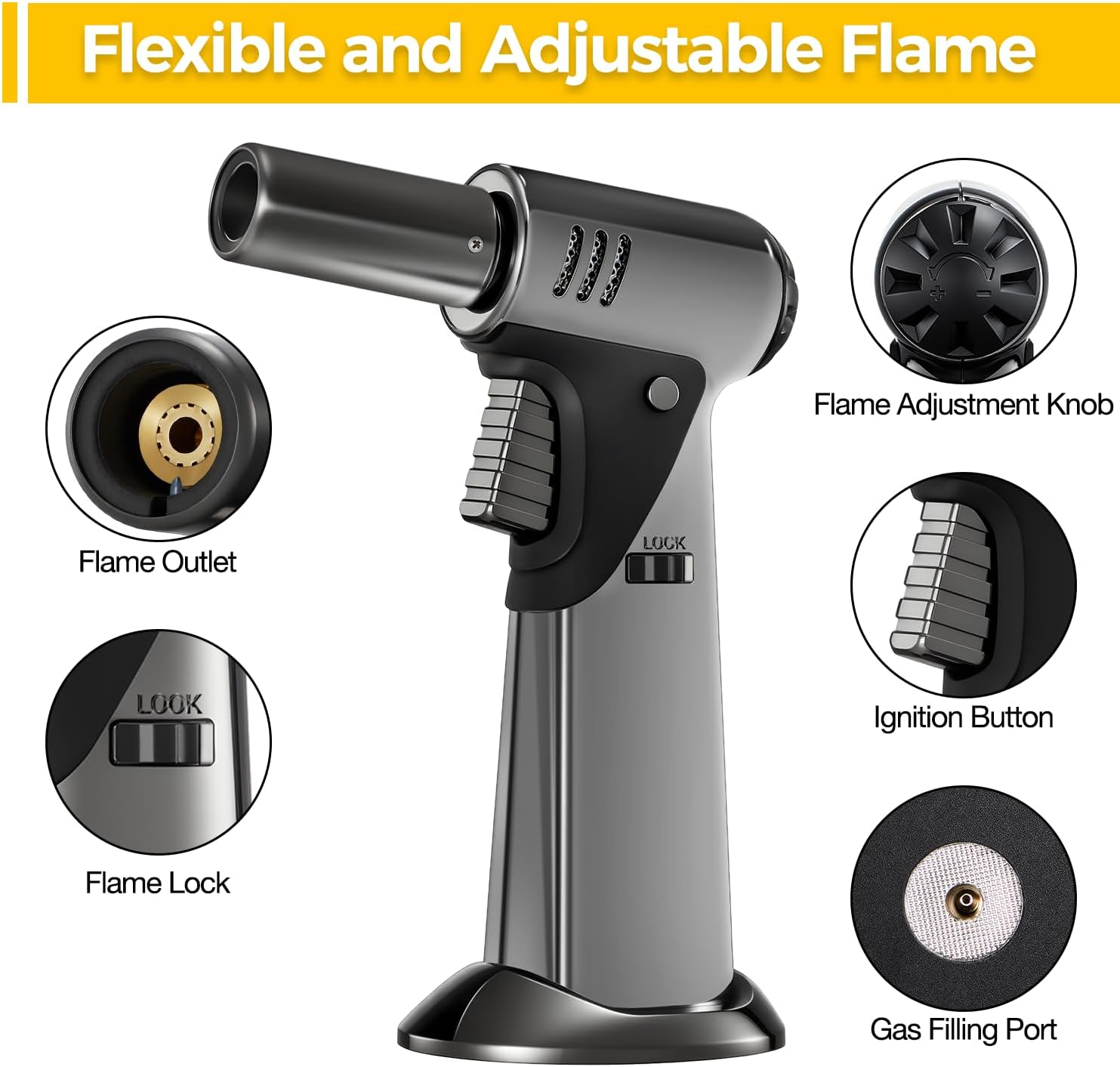 Skiennix Butane Torch - Adjustable Flame Kitchen Torch with Safety Lock for Baking & BBQ | Refillable Lighter