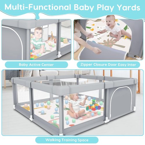 Fshibila Baby Playpen - Sturdy Indoor & Outdoor Safety Play Yard with Soft Mesh - 50x50x27 inches Grey