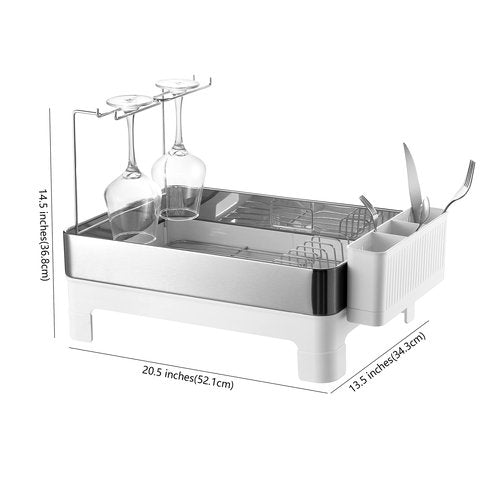 happimess DSH1003B Simple 20.5' Fingerprint-Proof Stainless Steel Dish Drying Rack, Dish Rack with Swivel Spout Tray and Wine Glass Holder, Utensil Holder, Stainless Steel/White, Silver/White