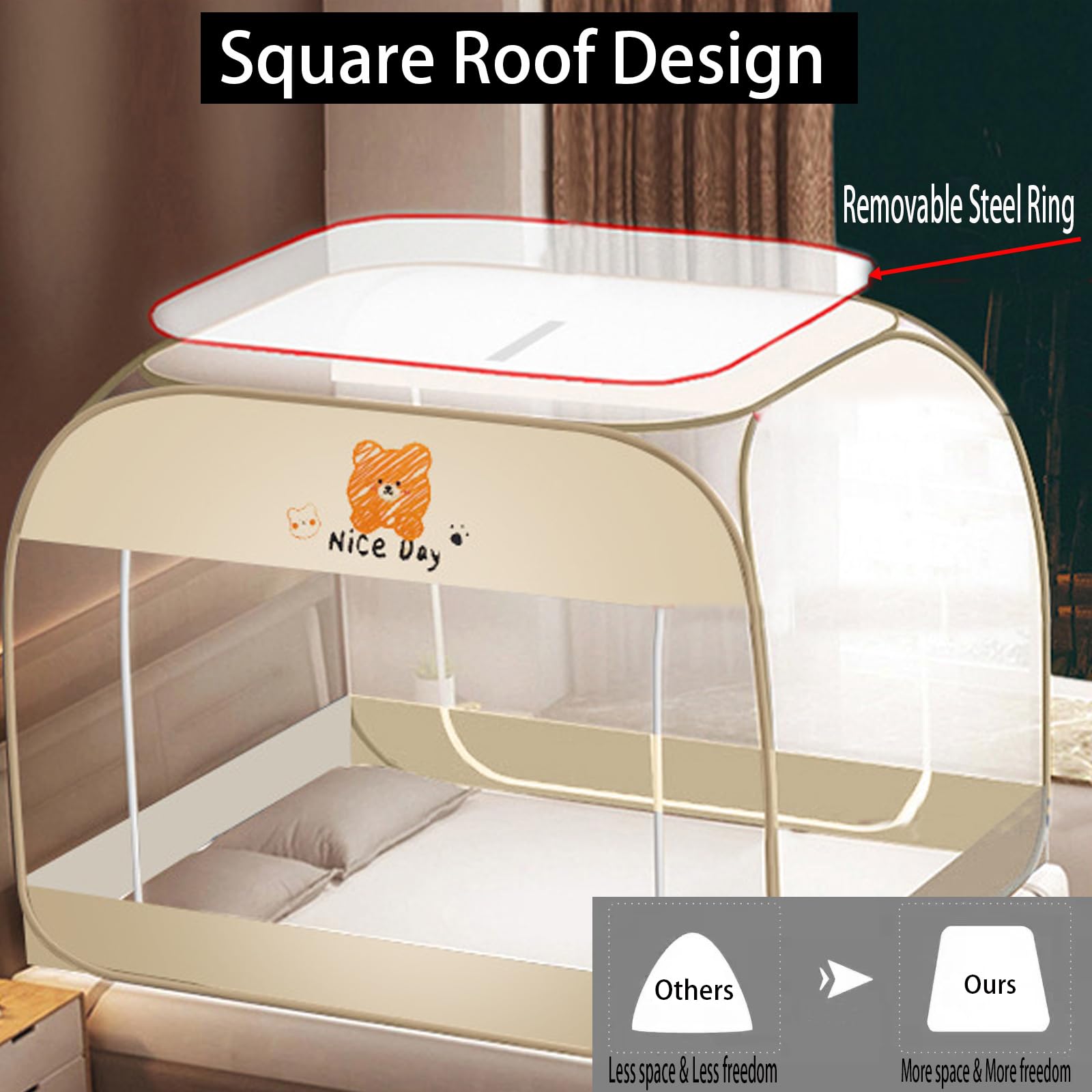 CMINGJ Mosquito Net for Bed, Portable pop up Mosquito Netting with Bottom, Free Installation-Suitable for Bedroom, Camping, Folding Portable Design for Baby Adults (Orange Bear) L79 x W71 x H61