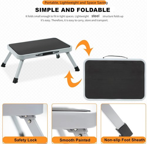 MIDOGAT Folding Step Stool Metal Step Stool with Non-Slip Mat RV One Foot Stool for Bedroom Kitchen Bathroom