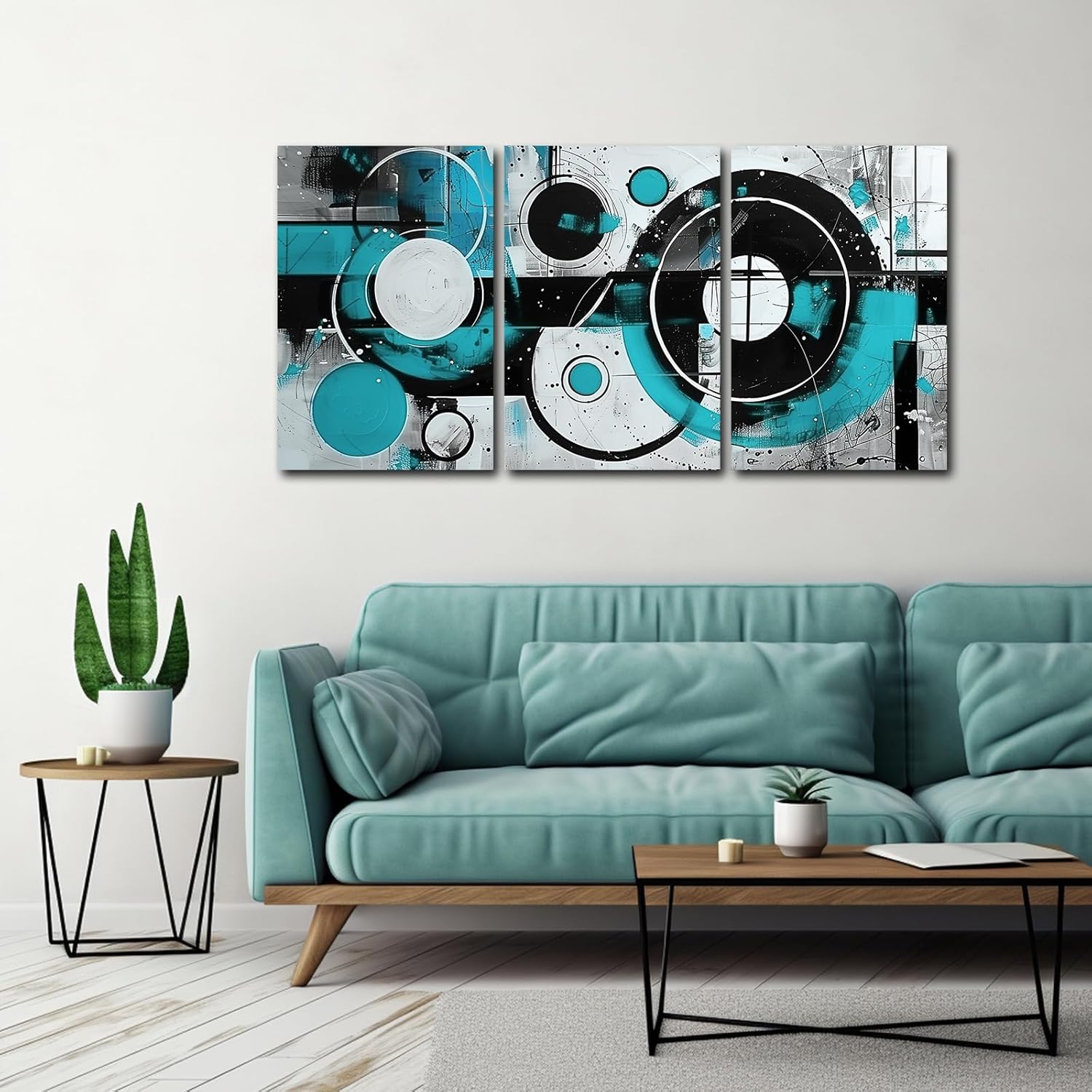 SWQYLB Teal Abstract Wall Art - Blue & Gray Canvas Print Set of 3 | Geometric Circle Design for Home Office Decor (Framed, 12" x 16")