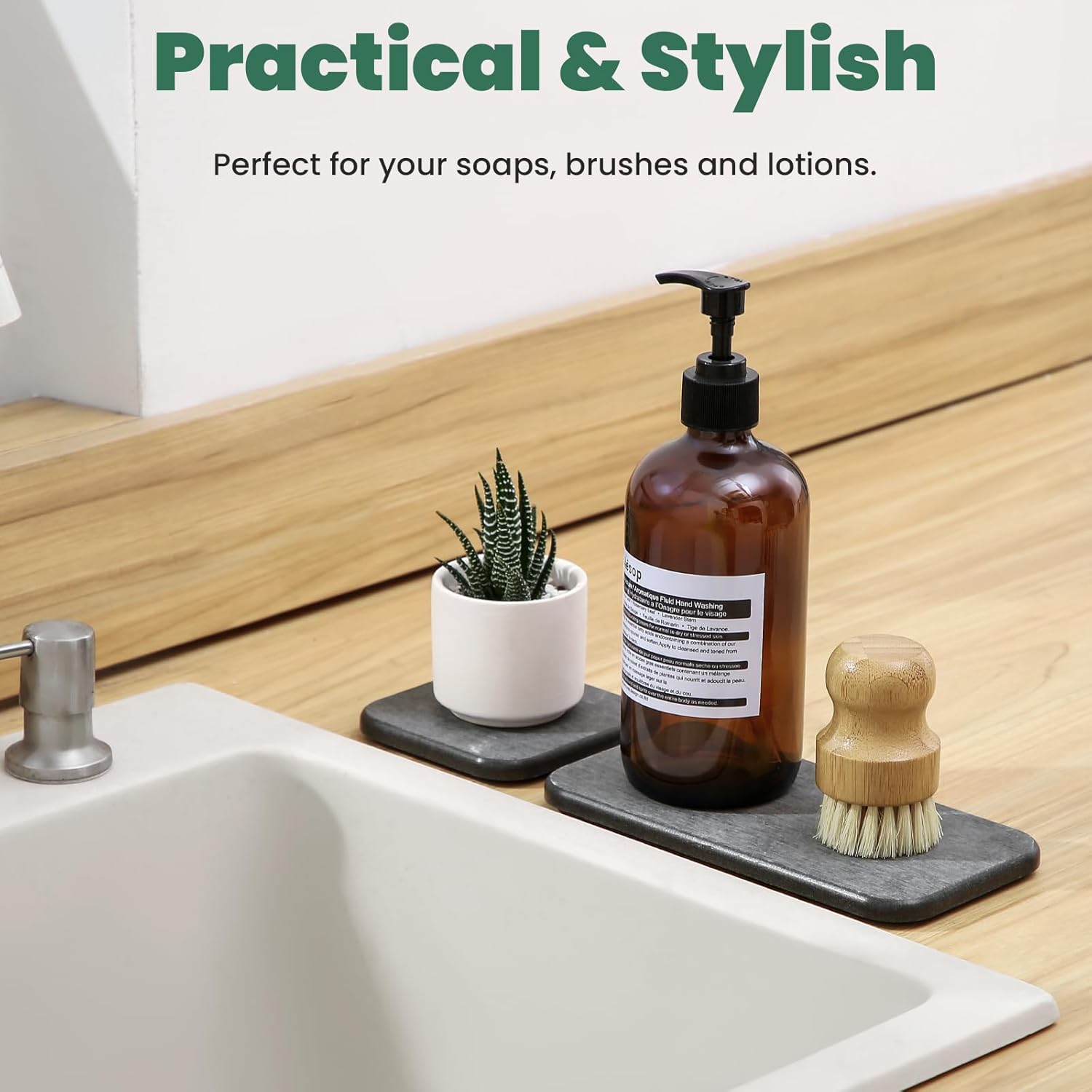 Skiennix Diatomaceous Earth Tray Set - Fast Drying Soap & Toothbrush Holders | 3-Piece Bathroom Counter Set