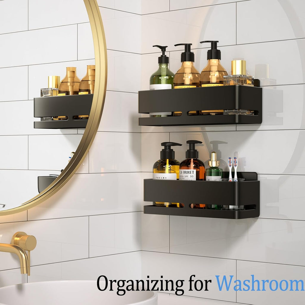 Regine Switzerland Shower Caddy - Heavy-Duty No-Drill Bathroom Organizer | 2-Pack Black Metal Storage Shelf