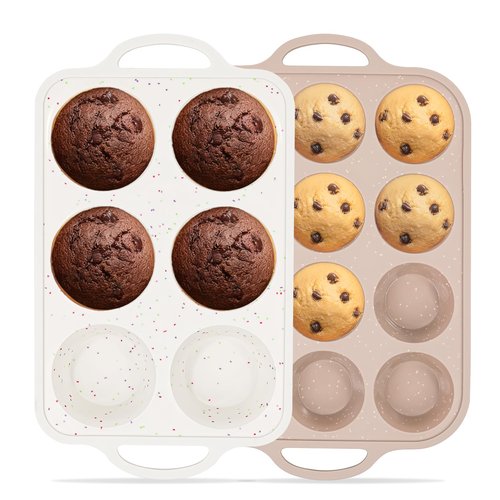 Vinino 2Packs Silicone Muffin Pans for Baking with Metal Reinforced Frame, 12 Cups Regular and 6 Cups Jumbo Nonstick Cupcake Pan, BPA Free Oven Dishwasher Safe Baking Mold for Muffins Cupcakes