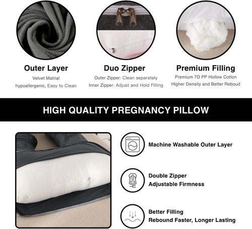 Allopera Pregnancy Pillow - Full Body 57-Inch Maternity Support with Removable Washable Cover | Black Grey Velvet