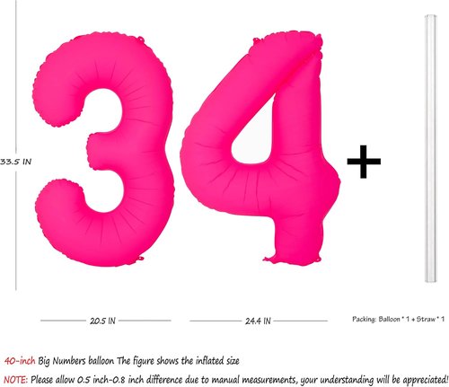 Fluorescent Pink 34th Birthday Balloons - 40 Inch Helium Foil Decorations for Boys & Girls