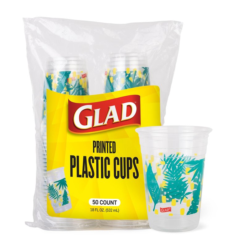 Glad Everyday Clear Plastic Cups with Palm Leaves Print - Sturdy Disposable Drinking Cups for Cold Beverages, Parties, Picnics, and Everyday Use, Recyclable #5 Plastic, 18 oz, 50 Count