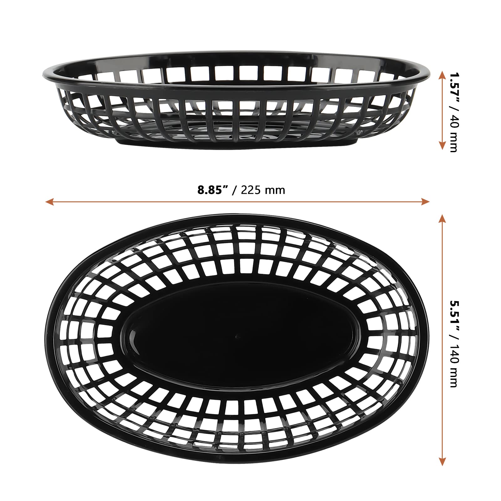 MANCHAP 50 Pack 8.8 x 5.5 Inch Plastic Fast Food Serving Baskets, Black with 100 Checkered Deli Liners, Oval Food Baskets for Deli, Hot Dogs, Burgers