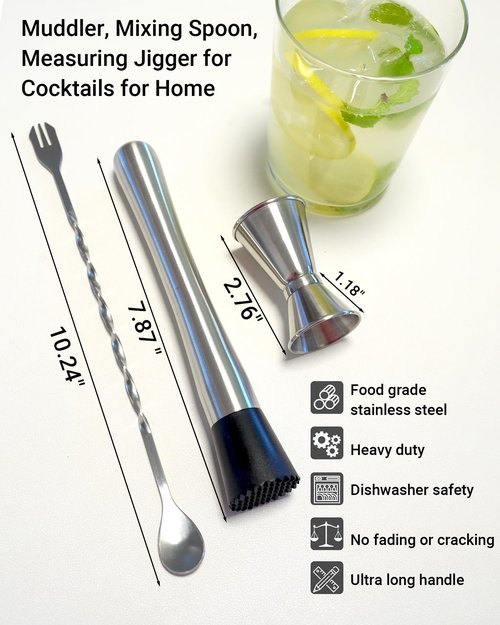 Goldelith Professional Bar Tools Set, 10-inch Stainless Steel Muddler, Mixing Spoon, Measuring Jigger for Cocktails for Home Bartenders, Mojitos, Margaritas and Fruit-Based Drinks