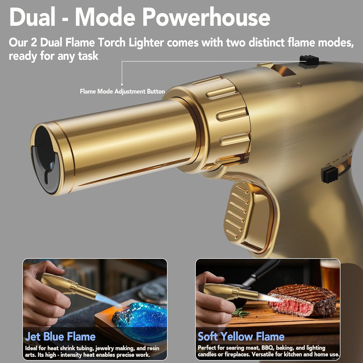 Sondiko Dual Style Butane Torch Lighter - Adjustable Flame Size & Continuous Flame Lock | Gold Finish