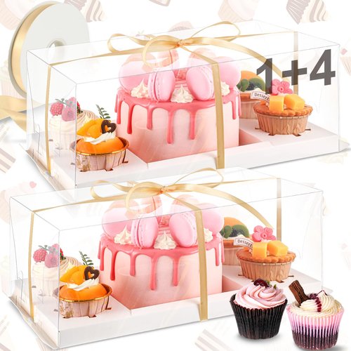 Sayglossy 6 Pack 1+4 Bento Cake Boxes Bento Cakes and Cupcakes Combo Clear Box Fit 4 Cupcakes and 1 Mini Cake for Valentine's Day Wedding Birthday Party Treats Donuts Muffins Bakery Supplies