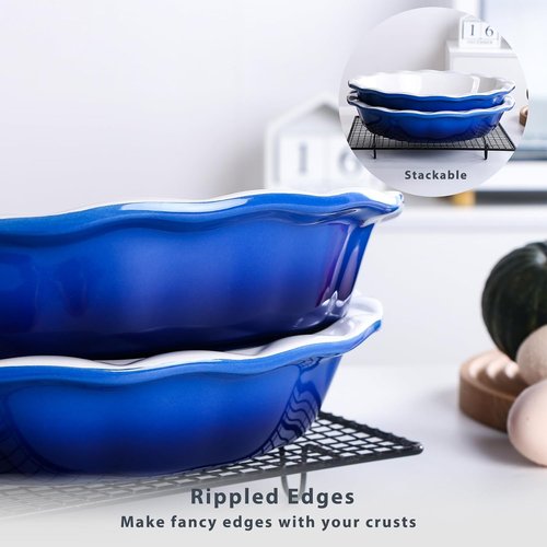 Lareina Ceramic Pie Pans - Non-Stick Deep Dish Set of 2, 9 Inch, Blue | Oven & Dishwasher Safe
