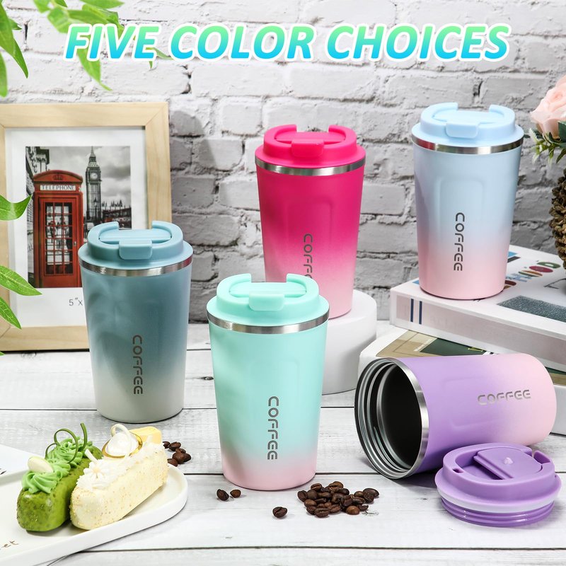 Honeydak 5 Pack Travel Coffee Mugs 12oz Insulated Coffee Cup with Lid Stainless Steel Vacuum Gradient Colorful Tumbler Reusable Leakproof Travel Cups for Hot & Cold Drinks