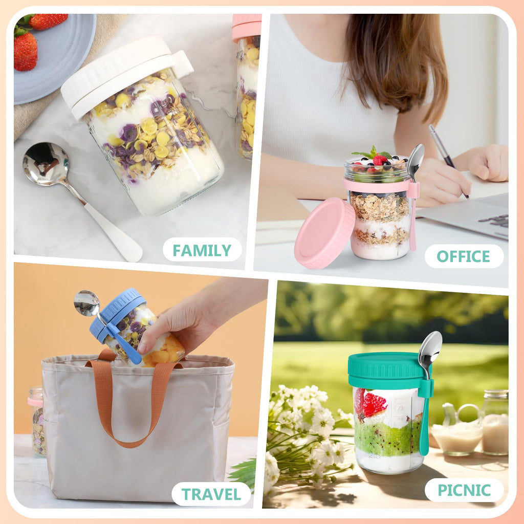 OcePor 6 Pack Overnight Oats Containers with Lids and Spoons, 16 OZ Glass Mason Overnight Oats Jars, Large Capacity Airtight Jars for Milk, Cereal, Fruit