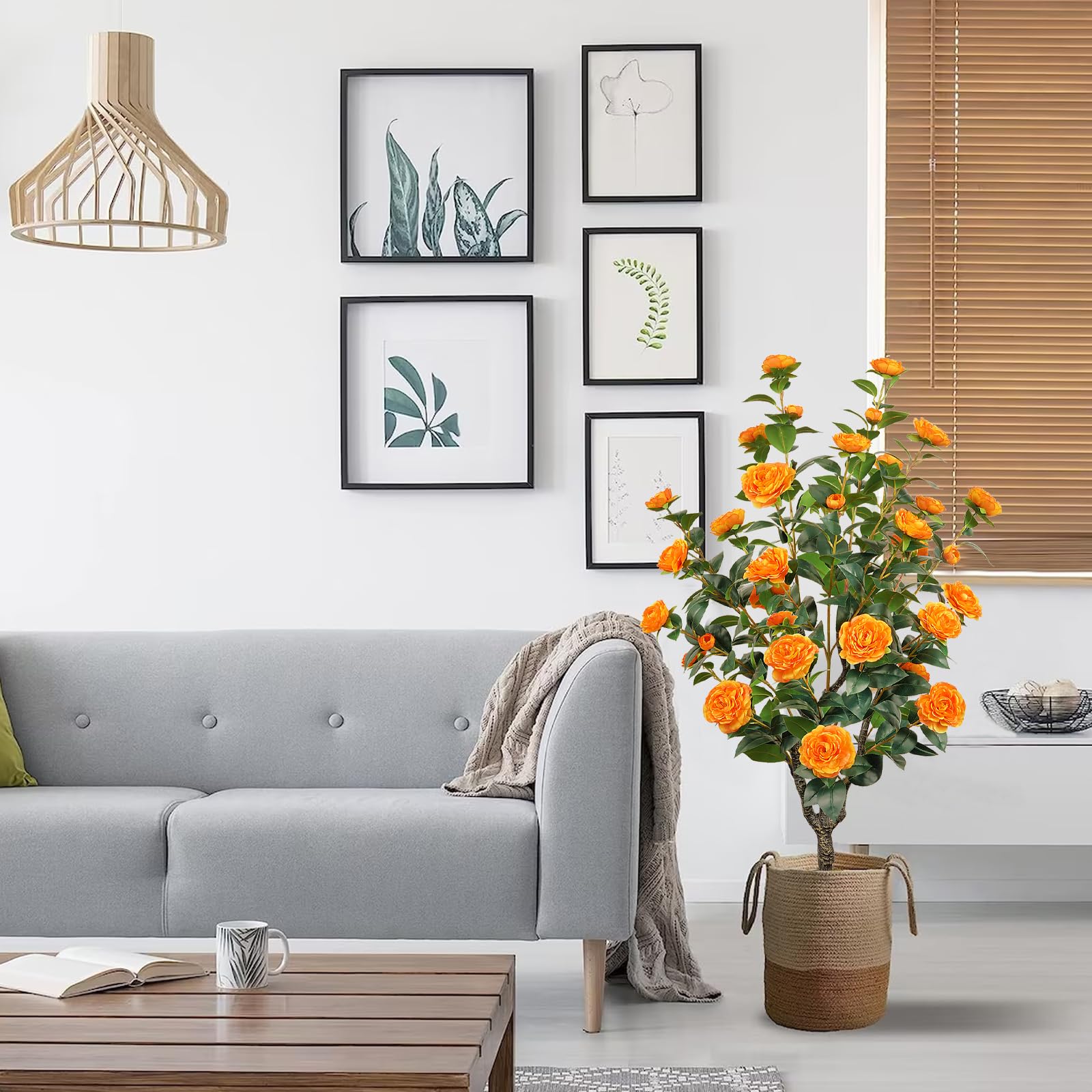 2 Pack 43.3"/3.6FT Artificial Tree with Camellia Flowers Fake Tree with 32 Blooming Flowers Orange Tree for Spring Home Front Door Outdoor Indoor Decor (Including Dried Moss)