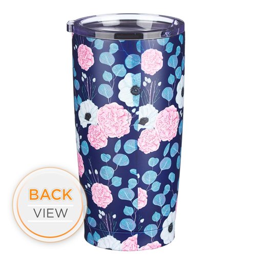 Christian Art Gifts Stainless Steel Double-Wall Vacuum Insulated Travel Mug 18 oz Navy Blue with Pink Floral Tumbler with Lid for Women with Inspirational Bible Verse - Be Still & Know -Psalm 46:10