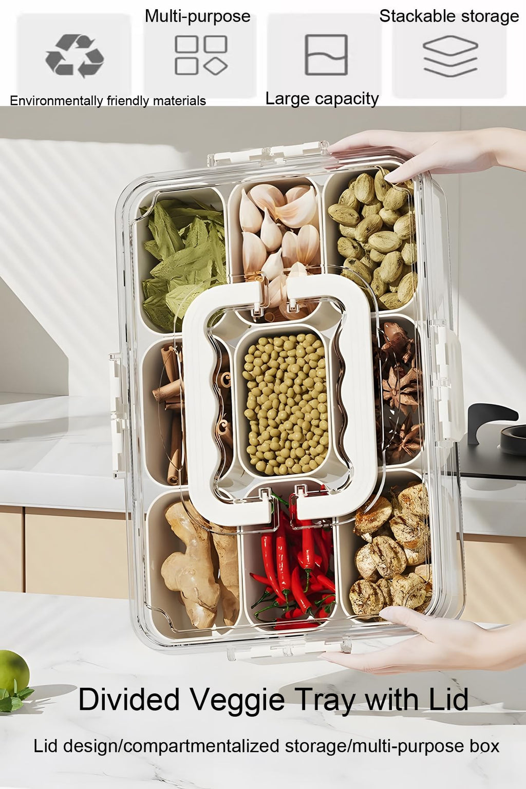 Divided Serving Tray with Lid and Handle - 9 Compartment Snack Box Container Portable Storage Organizer Container for Fruit, Candy, Veggie, Nuts, Spices& Snacks, Perfect for Party, Travel& Picnic