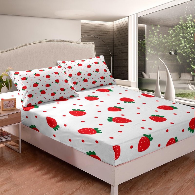 Cute Strawberry Bottom Sheet Full,Red Polka Dot Plants Nature Bedding Set 4pcs for Kids Teens Girls Bedroom Gift,Summer Fruits Sheet Set White Cartoon Fitted Sheet+Flat Sheet+2 Pillowcases